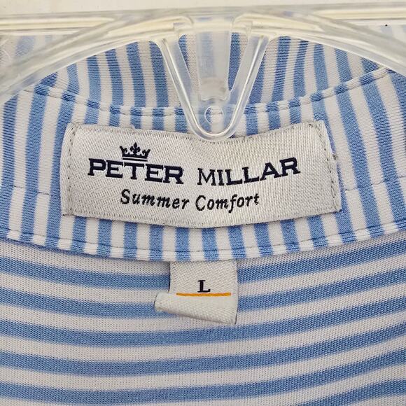 Peter Millar Summer Comfort Gold Polo Shirt Blue White Stripes Eagle Size L - Picture 3 of 5